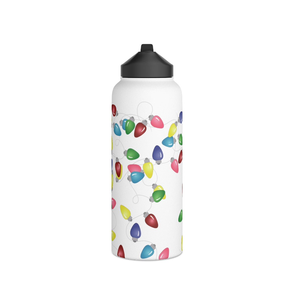 Water Bottle, 3 sizes, Stainless Steel with Sip Straw- Holiday Lights