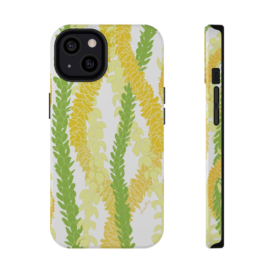 Yellow puakenikeni, orange ilima and green pakalana flower leis intertwined pattern on a white tough iphone or Samsung Galaxy phone case. 