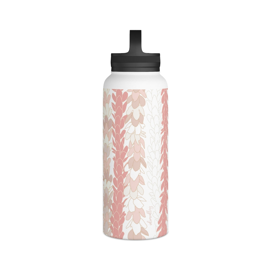 Water Bottle, 3 sizes, Stainless Steel with Handle Lid- Pakalana Lei Stringing Peach