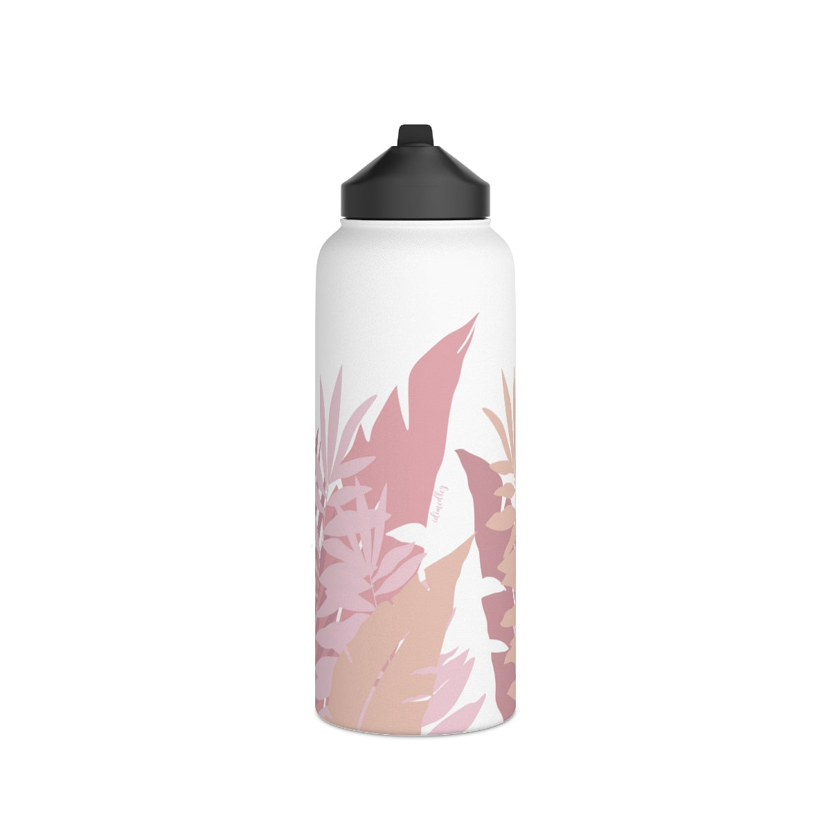 Water Bottle, 3 sizes, Stainless Steel with Sip Straw- Whispering Leaves in Pink