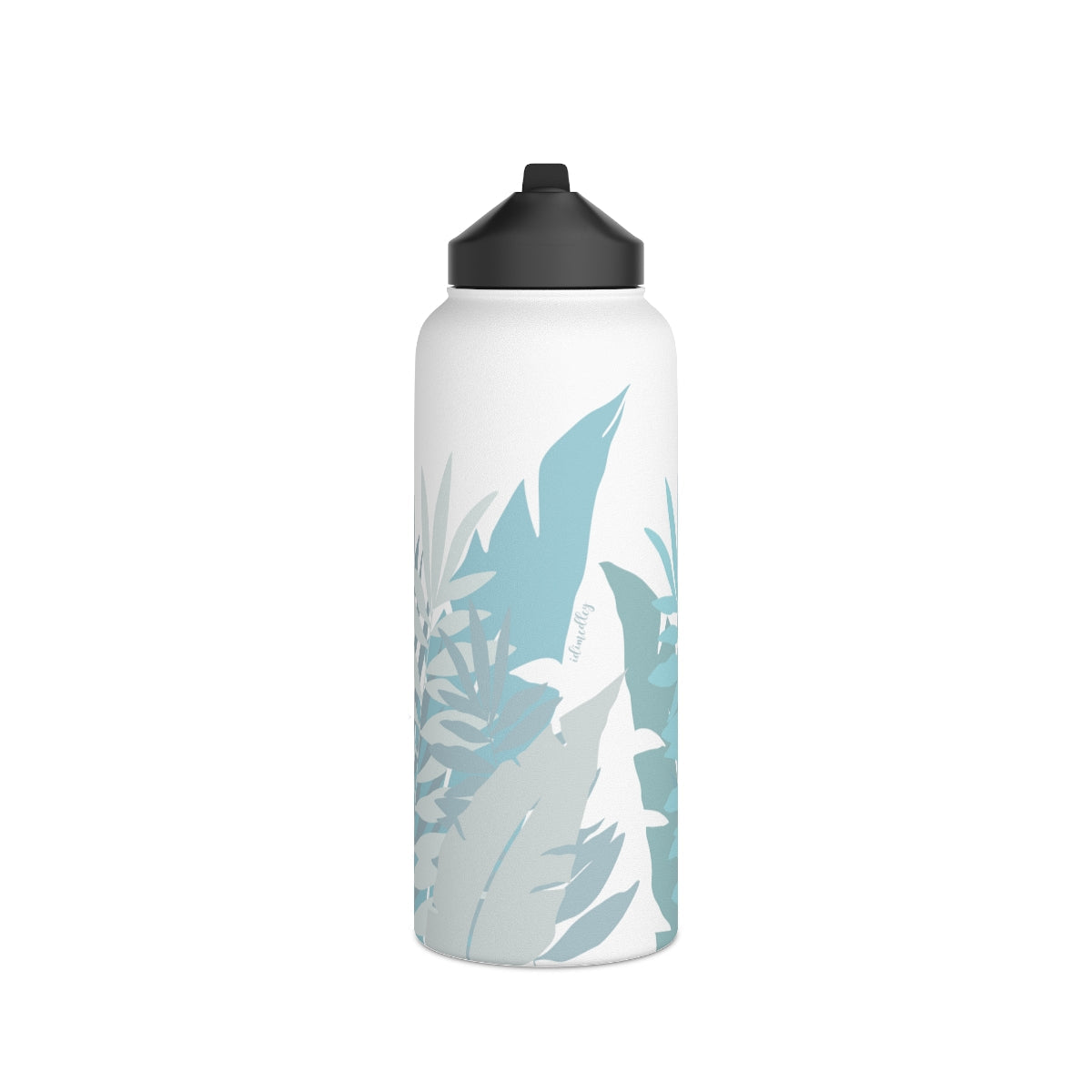 Water Bottle, 32 oz Stainless Steel with Sip Straw- Whispering Leaves in Blue
