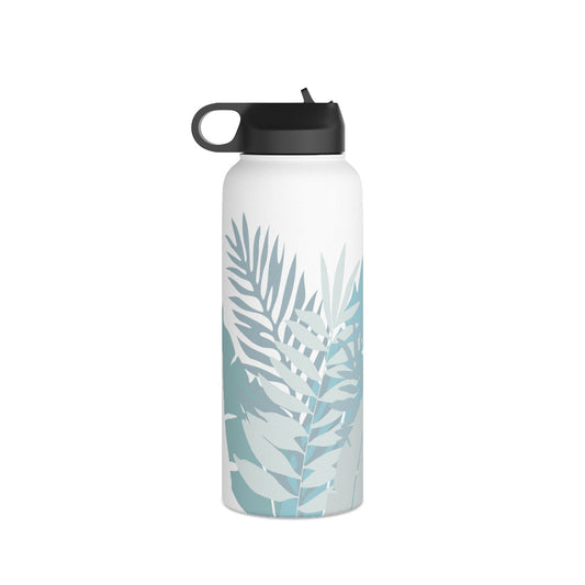 Water Bottle, 32 oz Stainless Steel with Sip Straw- Whispering Leaves in Blue