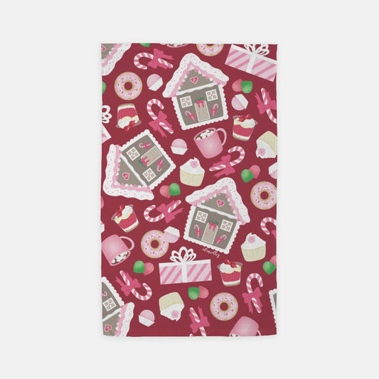 Microfiber Terry Dish or Hand Towel- Holiday Delights and Candied Gingerbread Houses (Christmas Red)