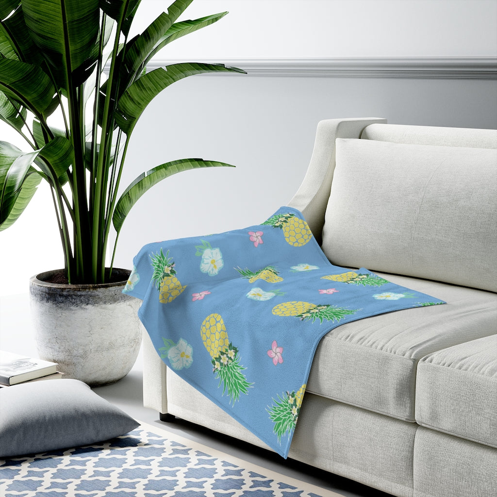 Incredibly Soft Velveteen Blanket- Pineapple Party (Blue Skies)