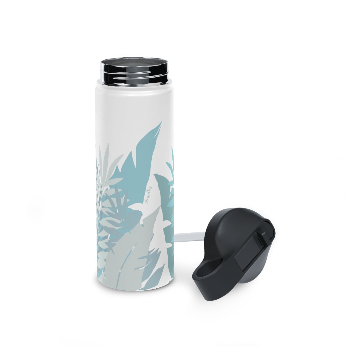 Water Bottle, 32 oz Stainless Steel with Sip Straw- Whispering Leaves in Blue
