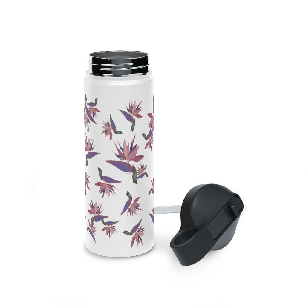 Water Bottle, 3 sizes, Stainless Steel with Sip Straw- Bird of Paradise