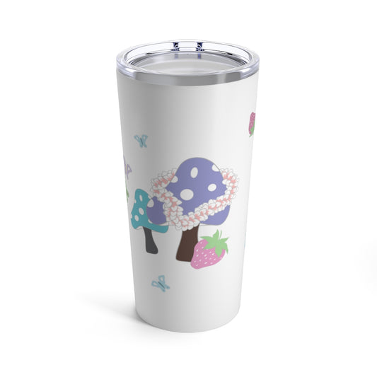 cute pastel wonderland where mushrooms wear leis and play among butterflies and strawberries sublimation print on a 20 oz insulated tumbler with clear lid