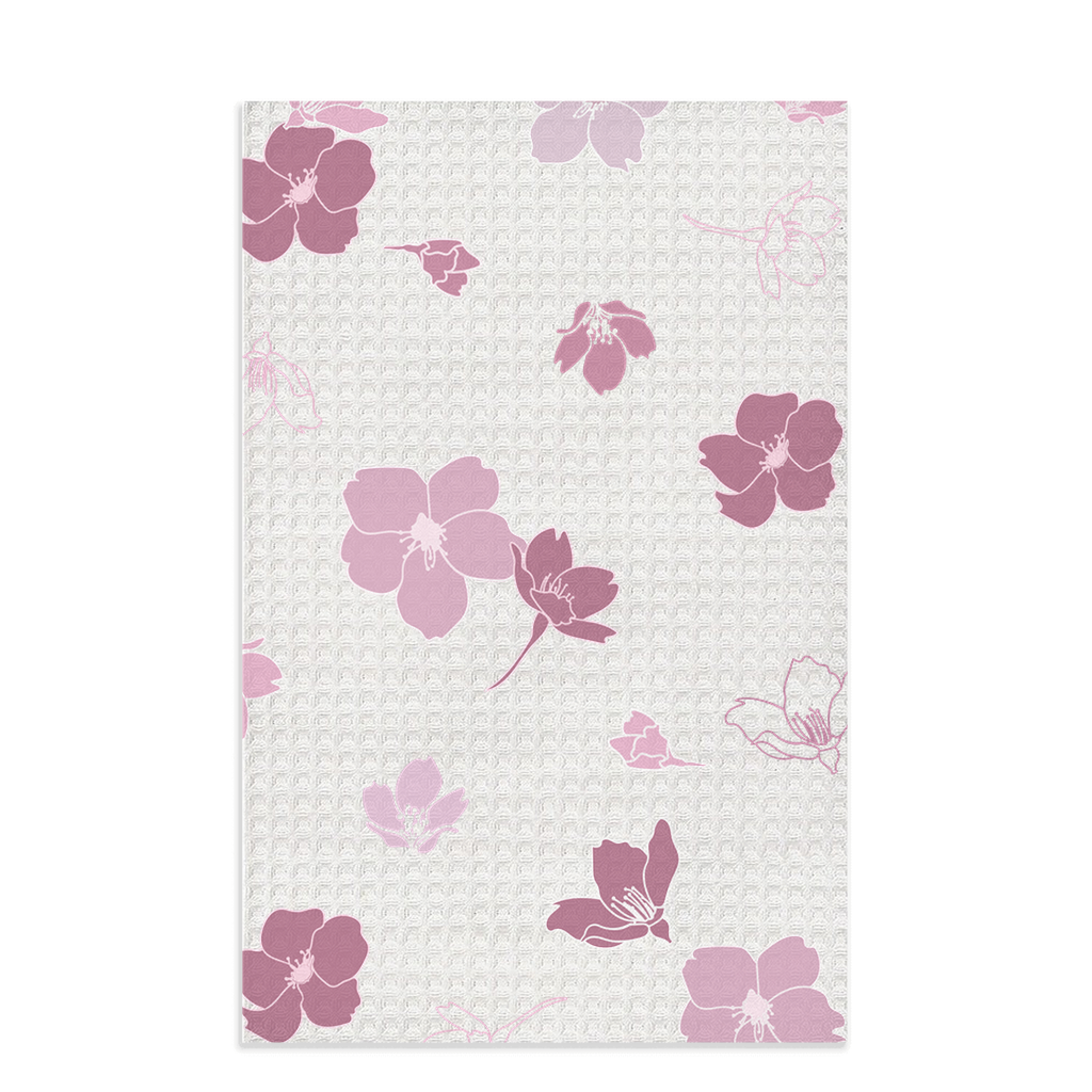 pink sakura flower design on white waffle dishtowel