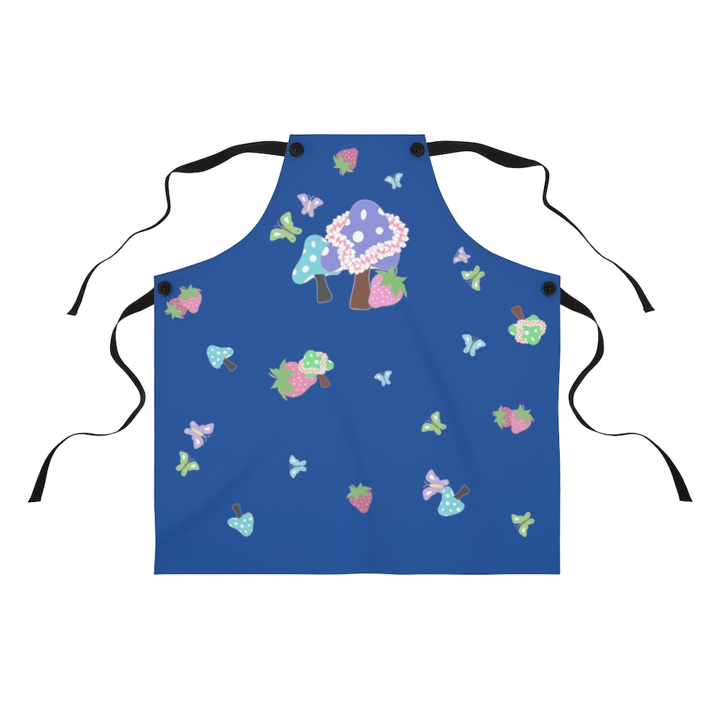 Bright blue kitchen apron with bright pastel mushroom, strawberry and butterfly design.