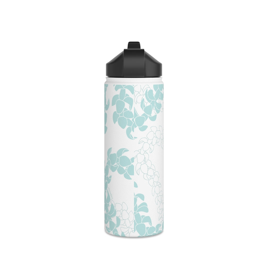 Water Bottle, 3 sizes, Stainless Steel with Sip Straw- Puakenikeni Lei Turquoise Splash