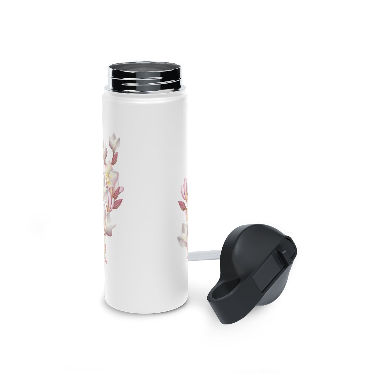 Water Bottle, 3 sizes, Stainless Steel with Sip Straw- Plumeria Cluster