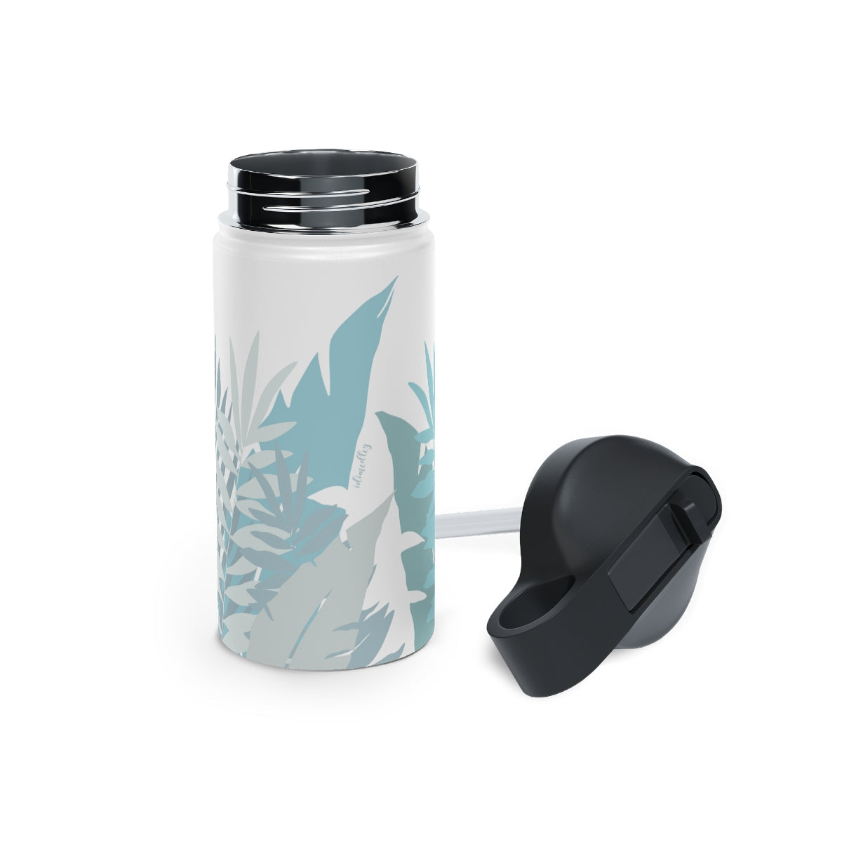 Water Bottle, 32 oz Stainless Steel with Sip Straw- Whispering Leaves in Blue