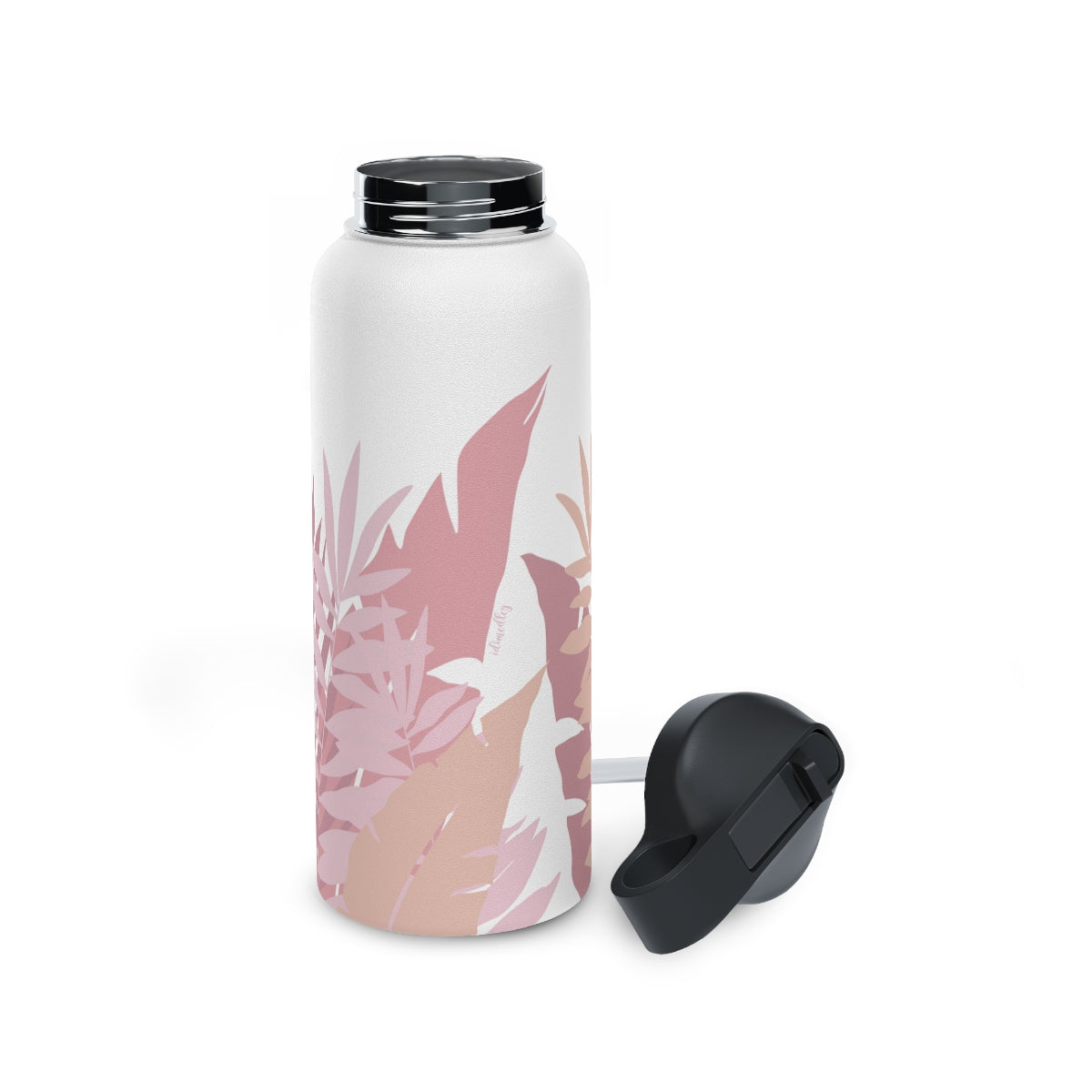 Water Bottle, 3 sizes, Stainless Steel with Sip Straw- Whispering Leaves in Pink