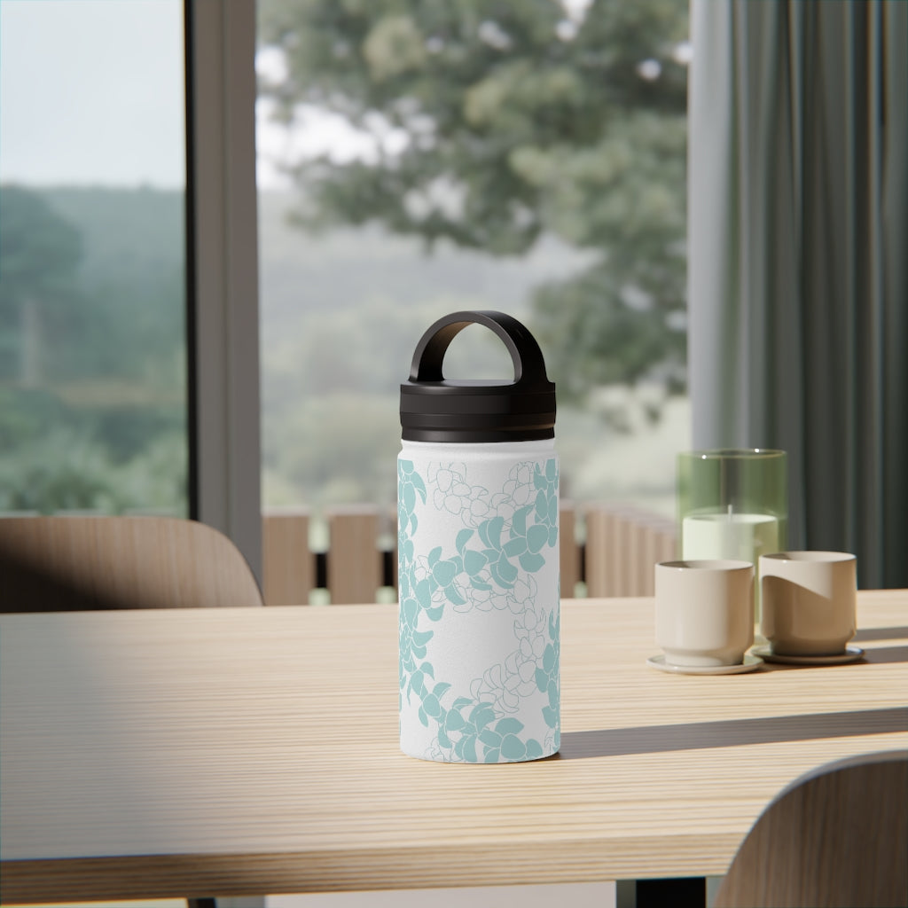 Water Bottle, 3 sizes, Stainless Steel with Handle Lid- Puakenikeni Lei Turquoise Splash