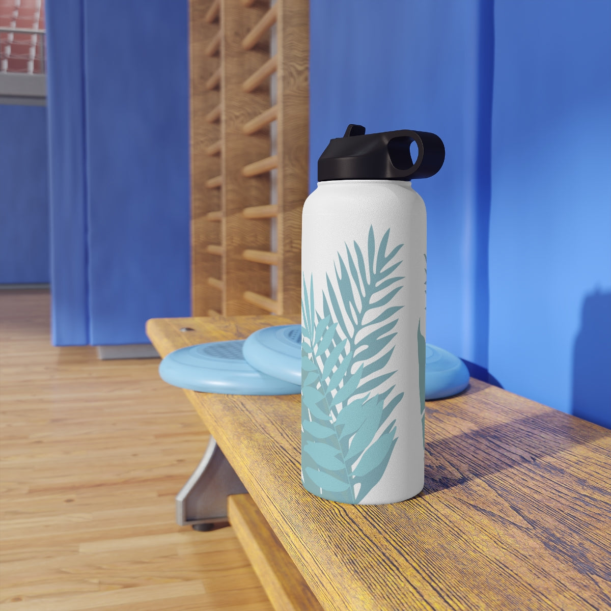 Water Bottle, 32 oz Stainless Steel with Sip Straw- Whispering Leaves in Blue