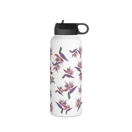 Water Bottle, 3 sizes, Stainless Steel with Sip Straw- Bird of Paradise