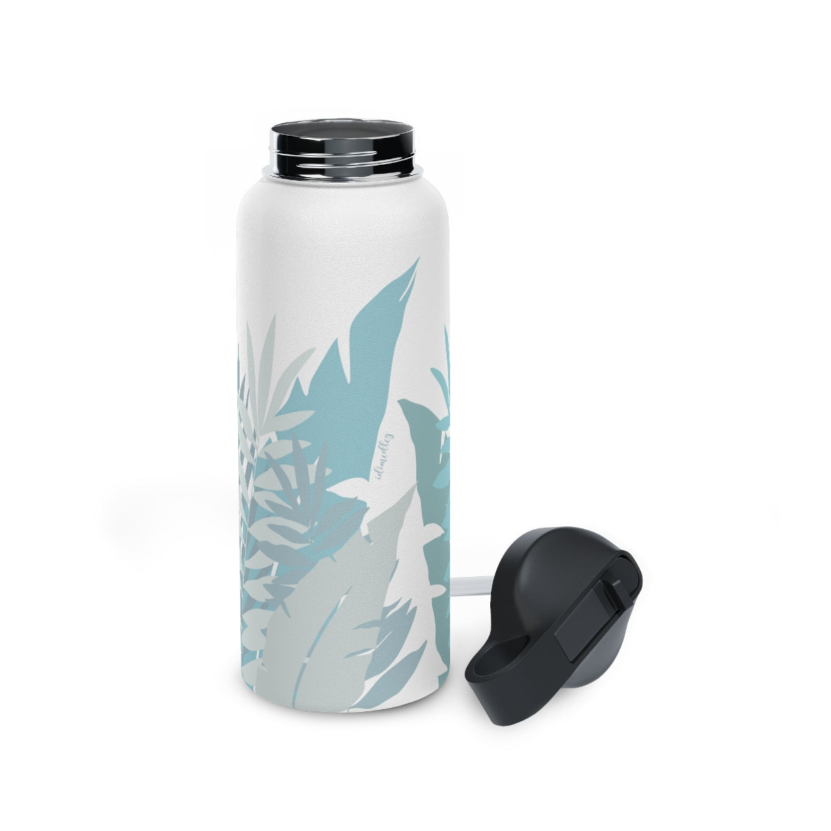 Water Bottle, 32 oz Stainless Steel with Sip Straw- Whispering Leaves in Blue