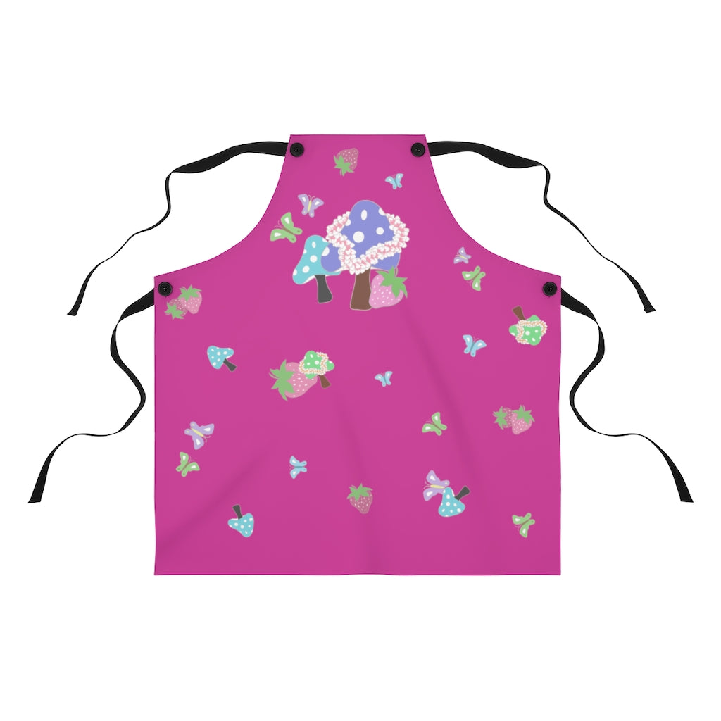 Bright pink chef apron with bright color mushroom, strawberry and butterfly all over print design.