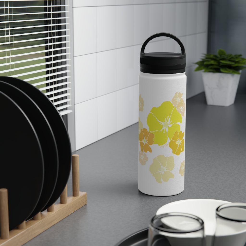 Water Bottle, 3 sizes, Stainless Steel with Handle Lid- Ilima Flower Flurries