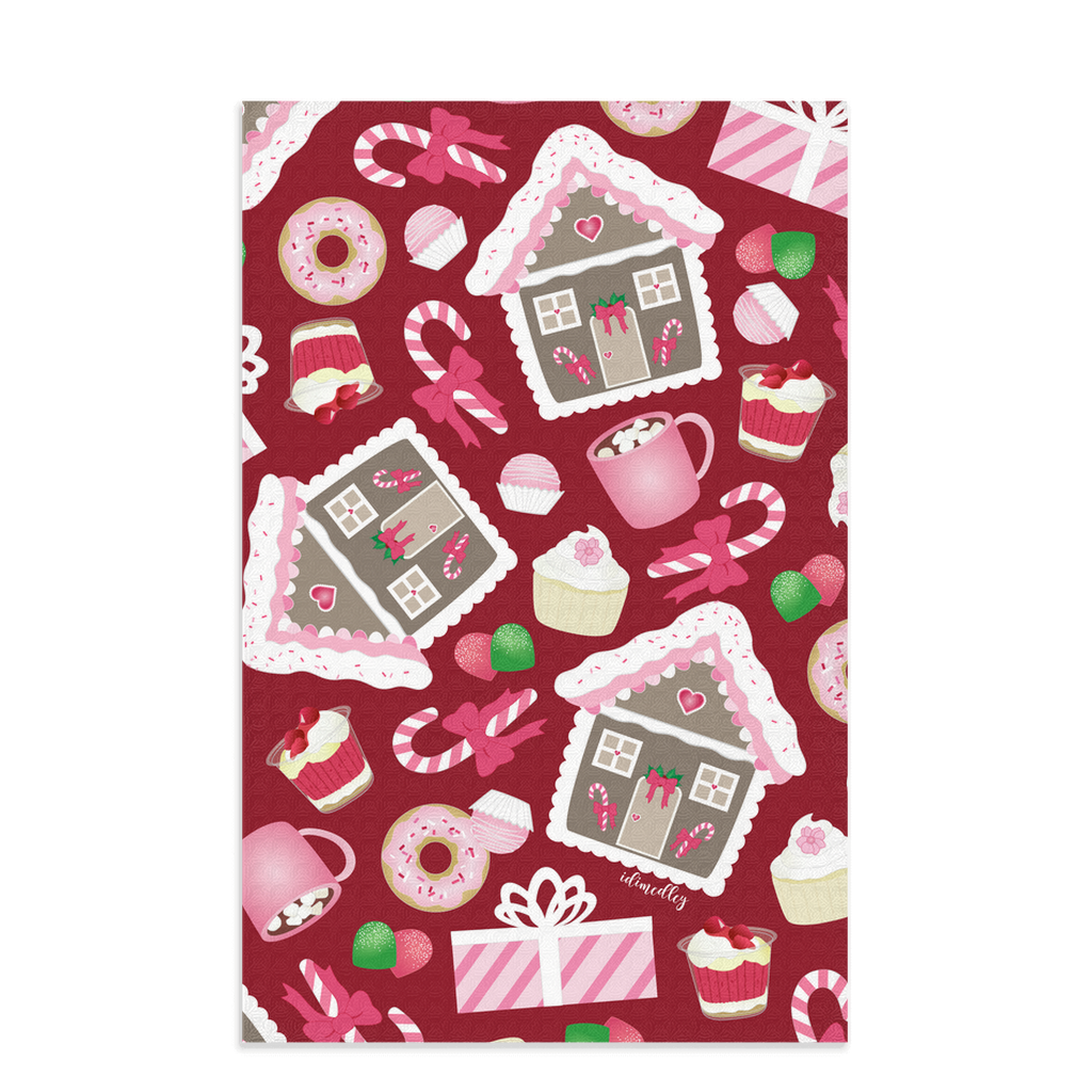 Waffle Knit Dish Towel- Holiday Delights and Candied Gingerbread Houses (Christmas Red)