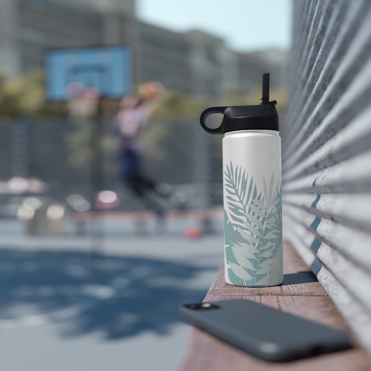 Water Bottle, 32 oz Stainless Steel with Sip Straw- Whispering Leaves in Blue