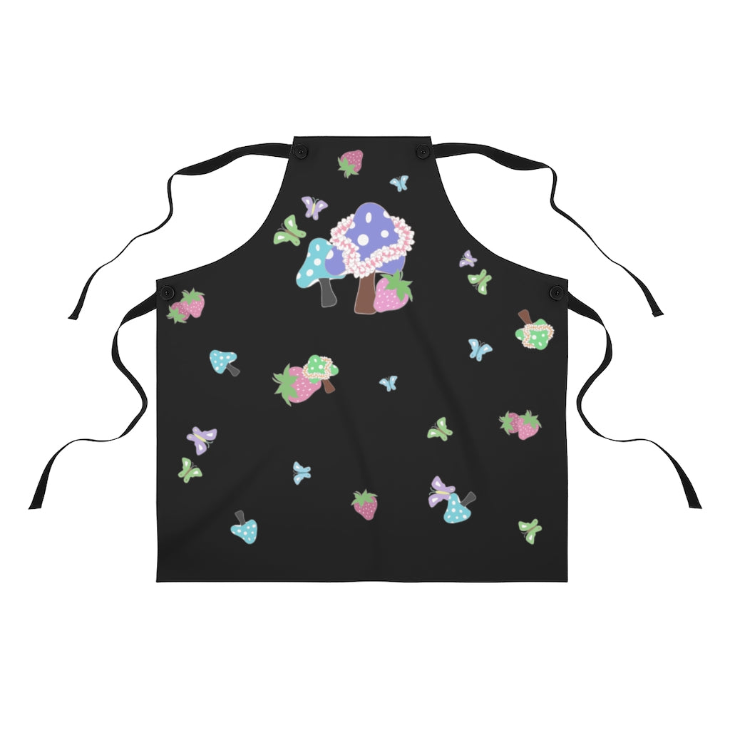 Black Chef apron with bright colored mushroom, strawberry and butterfly design.