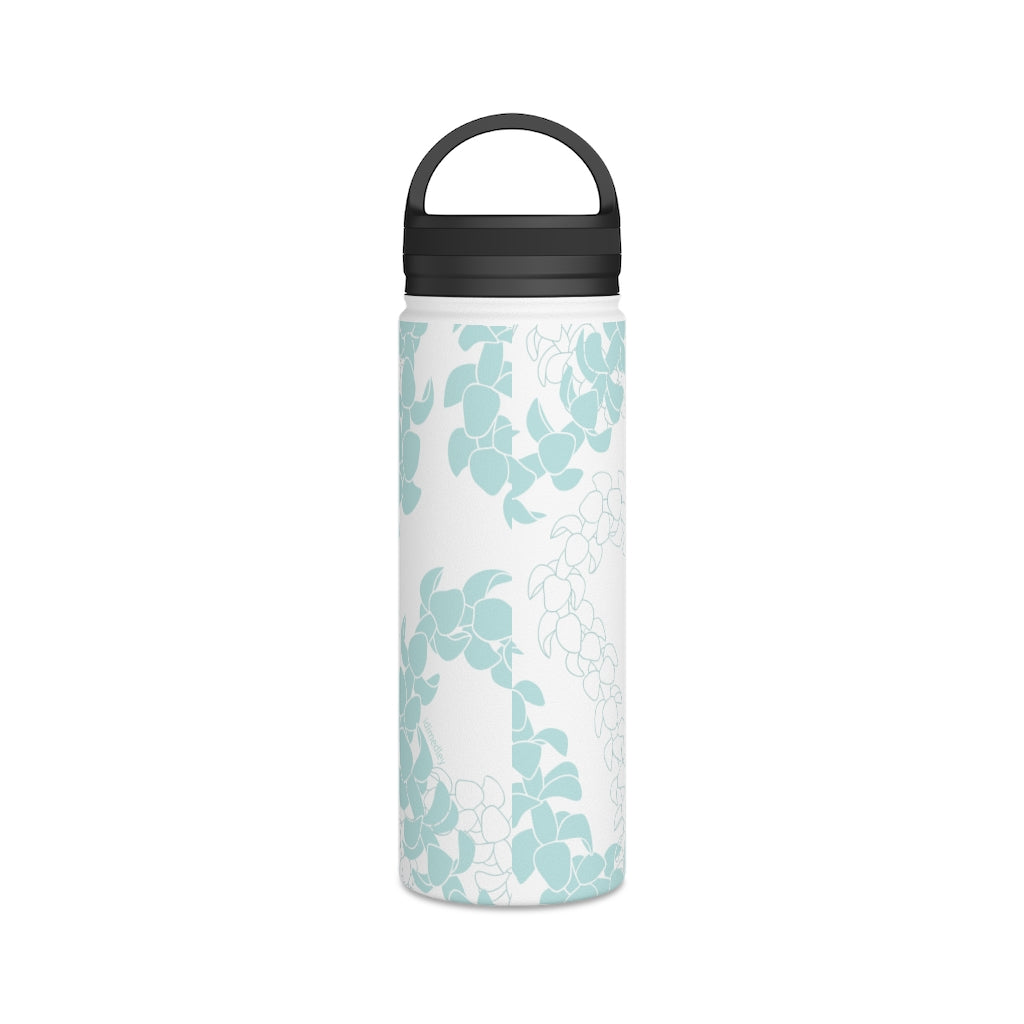 Water Bottle, 3 sizes, Stainless Steel with Handle Lid- Puakenikeni Lei Turquoise Splash