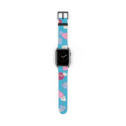 Turquoise vegan leather Apple Watch band with brightly colored anthurium flowers. 