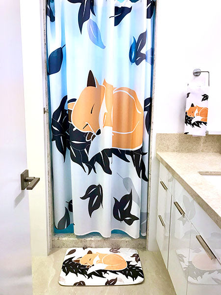 sleeping fox on maile leaves shower curtain hand towel and bath mat set